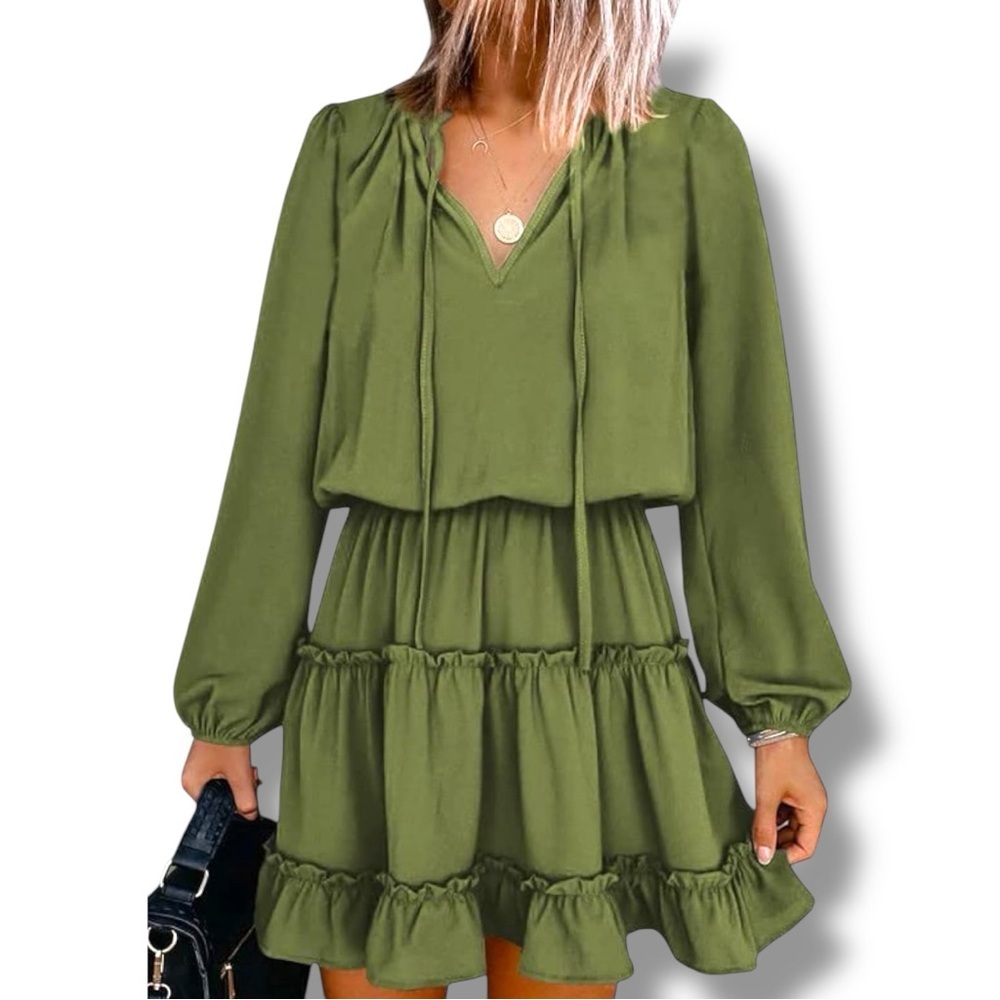 Amazon Army Green Ruffled Tiered V Neck Tie Loose Fit Long Sleeve Mini Sundress - Picture 1 of 16